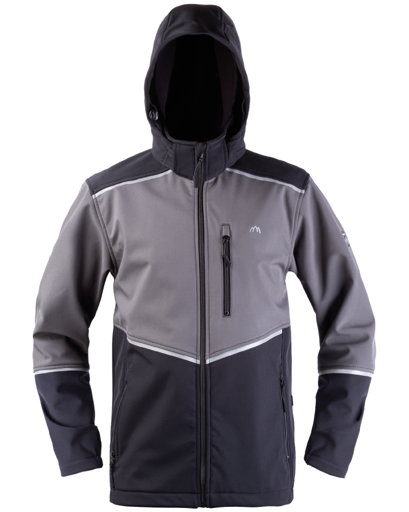 work softshell jacket with hood, grey-black - photo with hood on