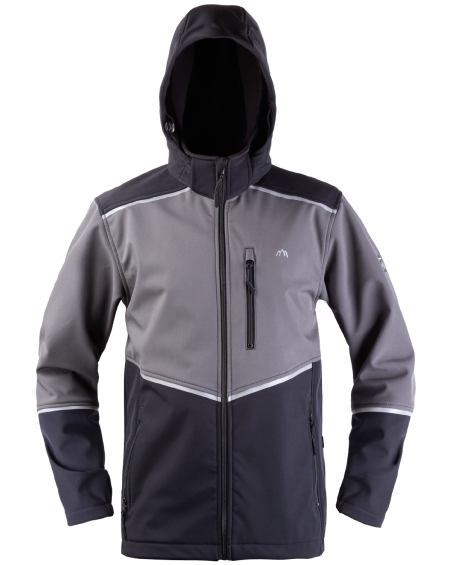 work softshell jacket with hood, grey-black - photo with hood on